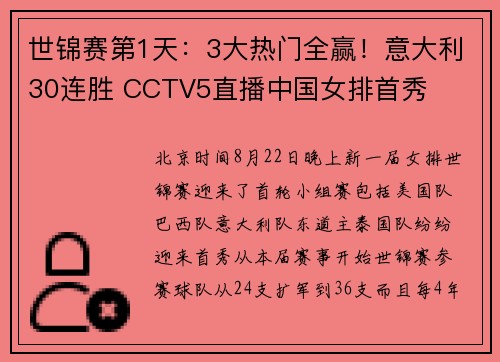 世锦赛第1天：3大热门全赢！意大利30连胜 CCTV5直播中国女排首秀